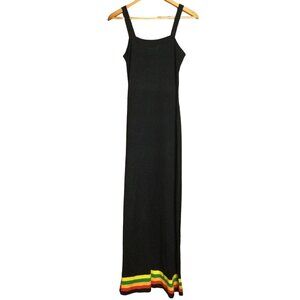Vintage Black Maxi Dress With Rasta Trim Acrylic By International Size 7/8 Hippi